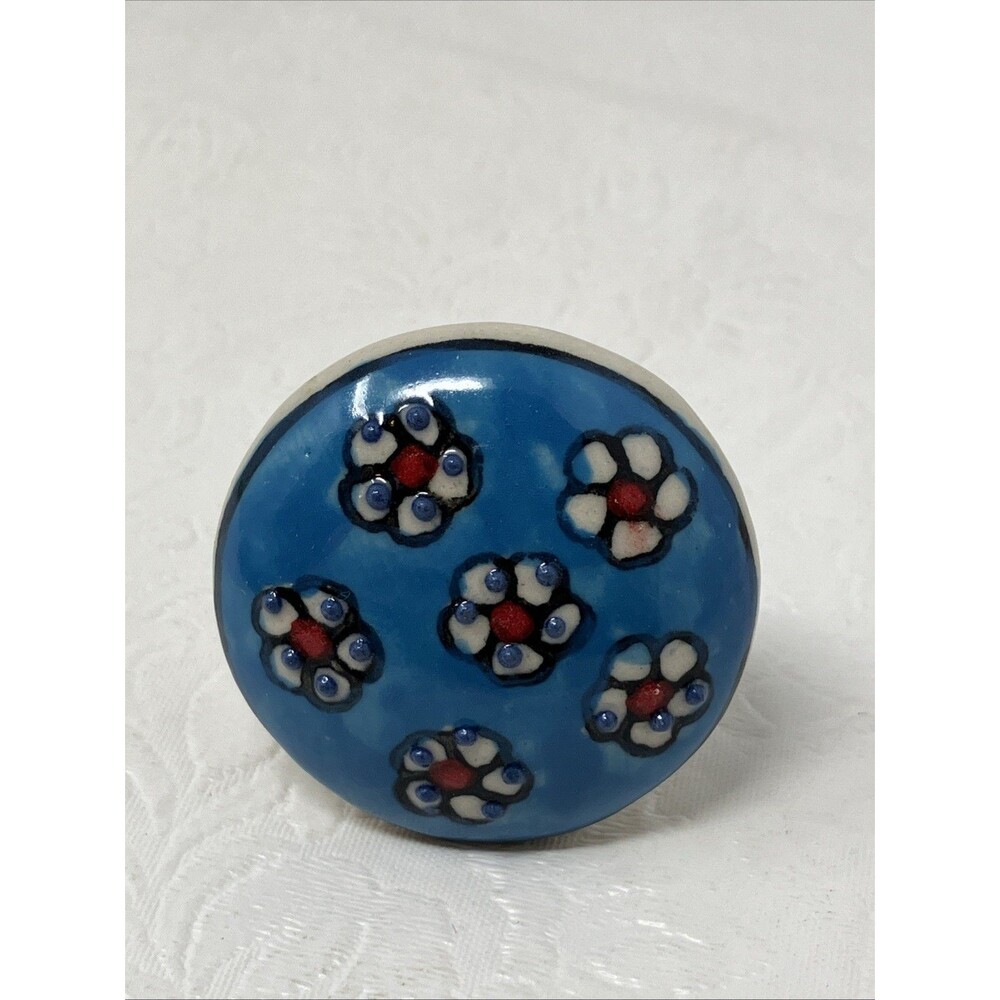 Hand Painted Ceramic Cabinet Knob Blue White Red Floral Drawer Pull Single 1.75”